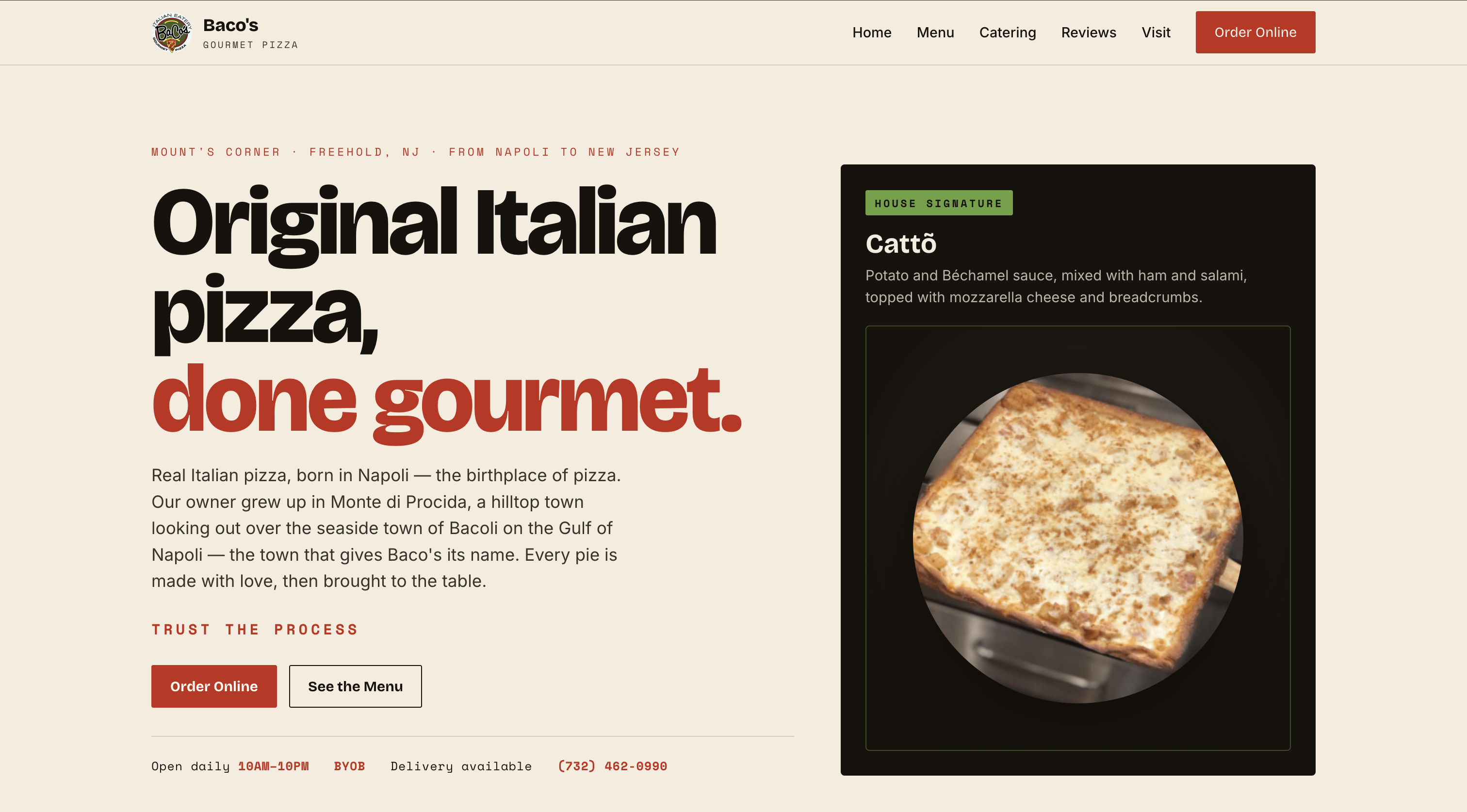 Baco's Gourmet Pizza website homepage